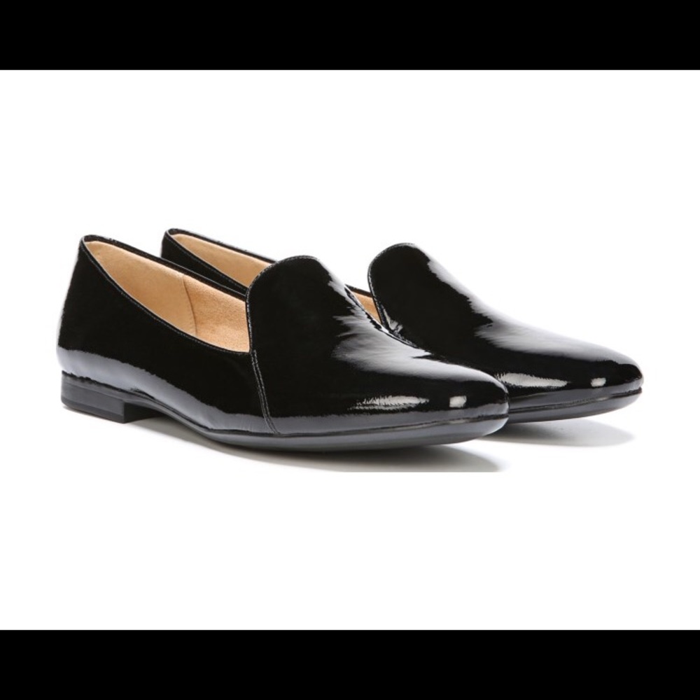 Black patent leather loafers/flats, size 6